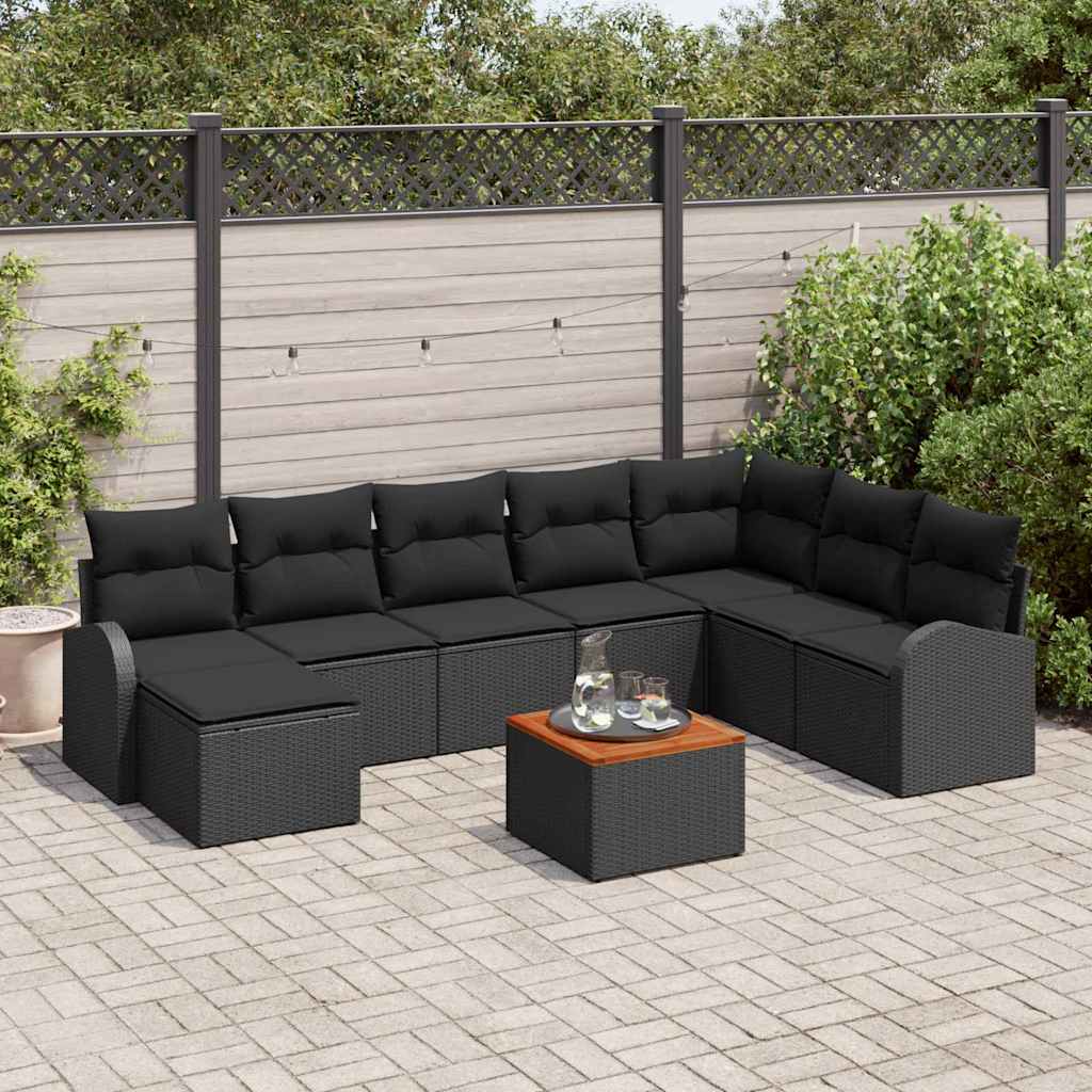 9-piece garden sofa set with cushions black poly rattan acacia