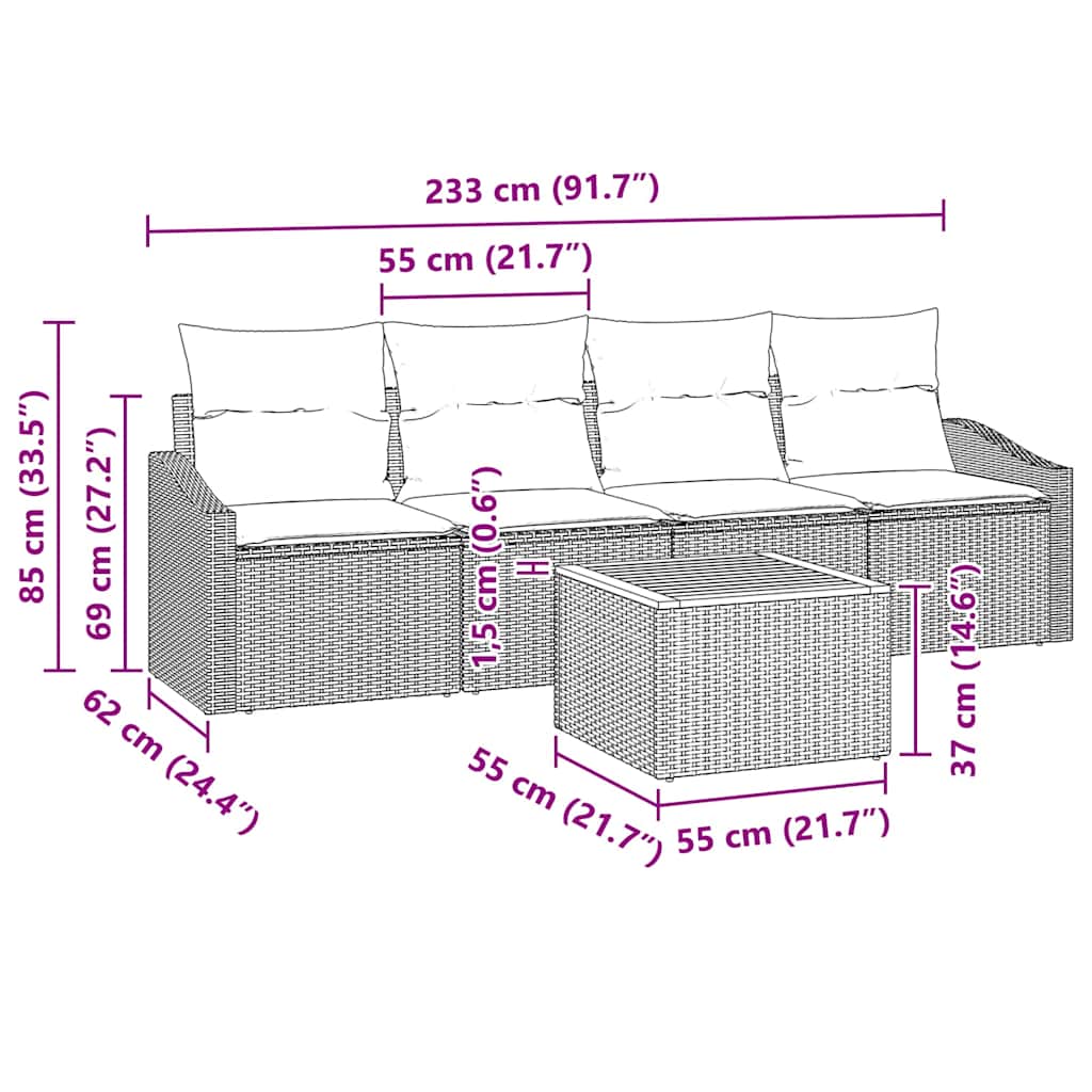 Garten-Sofa-Set mit Kissen 5 pcs Grau Poly Rattan