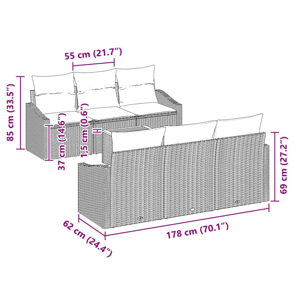 Garten-Sofa-Set mit Kissen 7 pcs Grau Poly Rattan