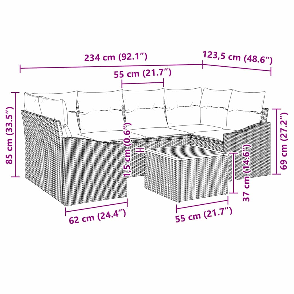 Garten-Sofa-Set mit Kissen 7 pcs Grau Poly Rattan