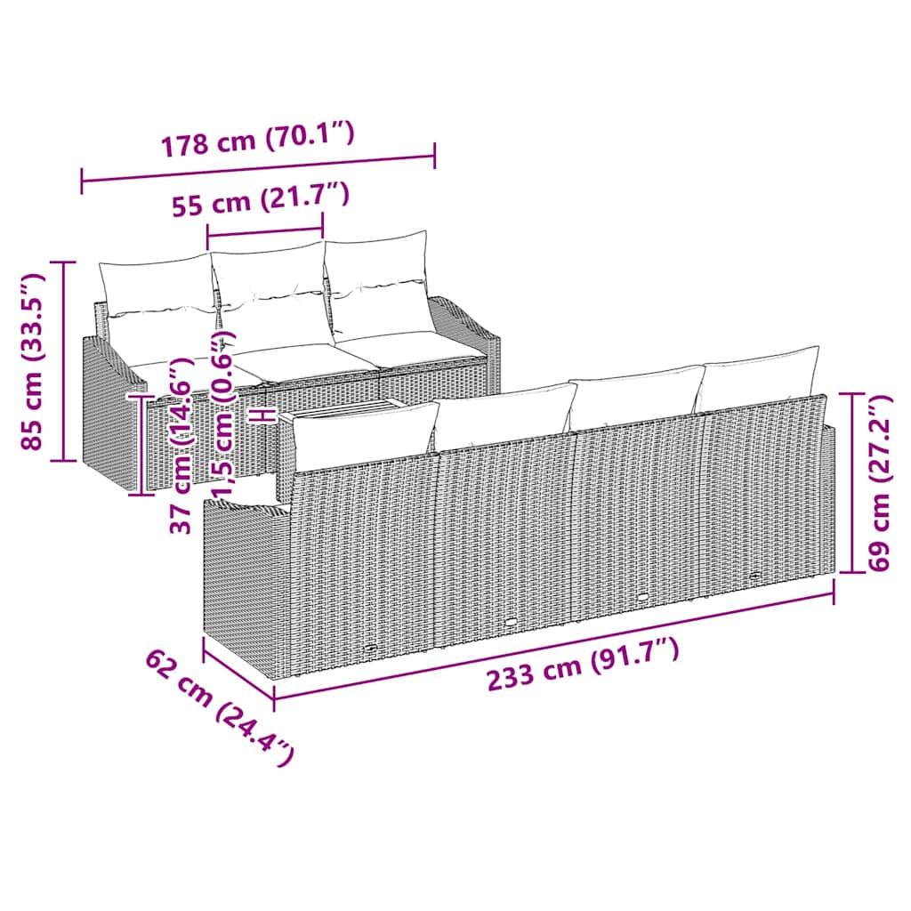 Garten-Sofa-Set mit Kissen 8 pcs Grau Poly Rattan