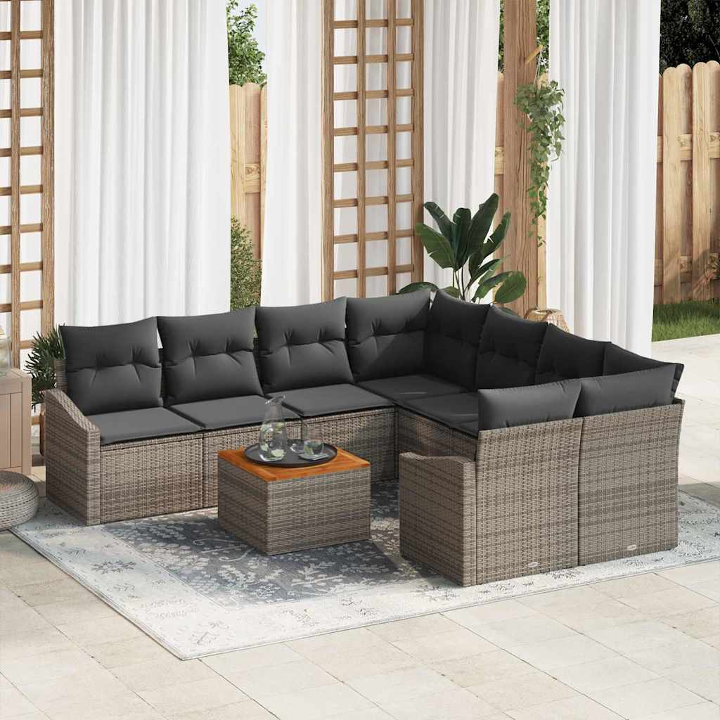 Garten-Sofa-Set mit Kissen 9 pcs Grau Poly Rattan