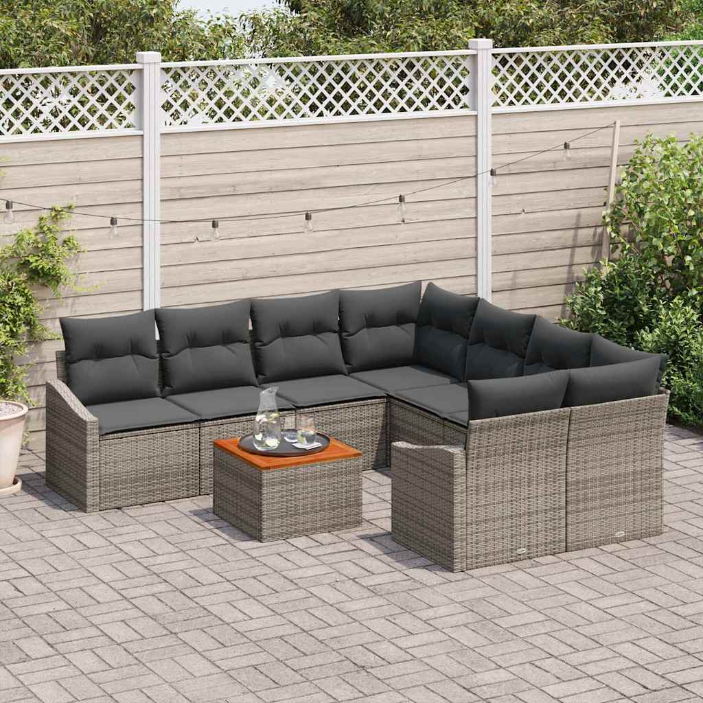 Garten-Sofa-Set mit Kissen 9 pcs Grau Poly Rattan