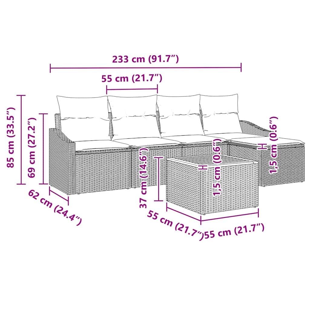 Garten-Sofa-Set mit Kissen 6 pcs Grau Poly Rattan