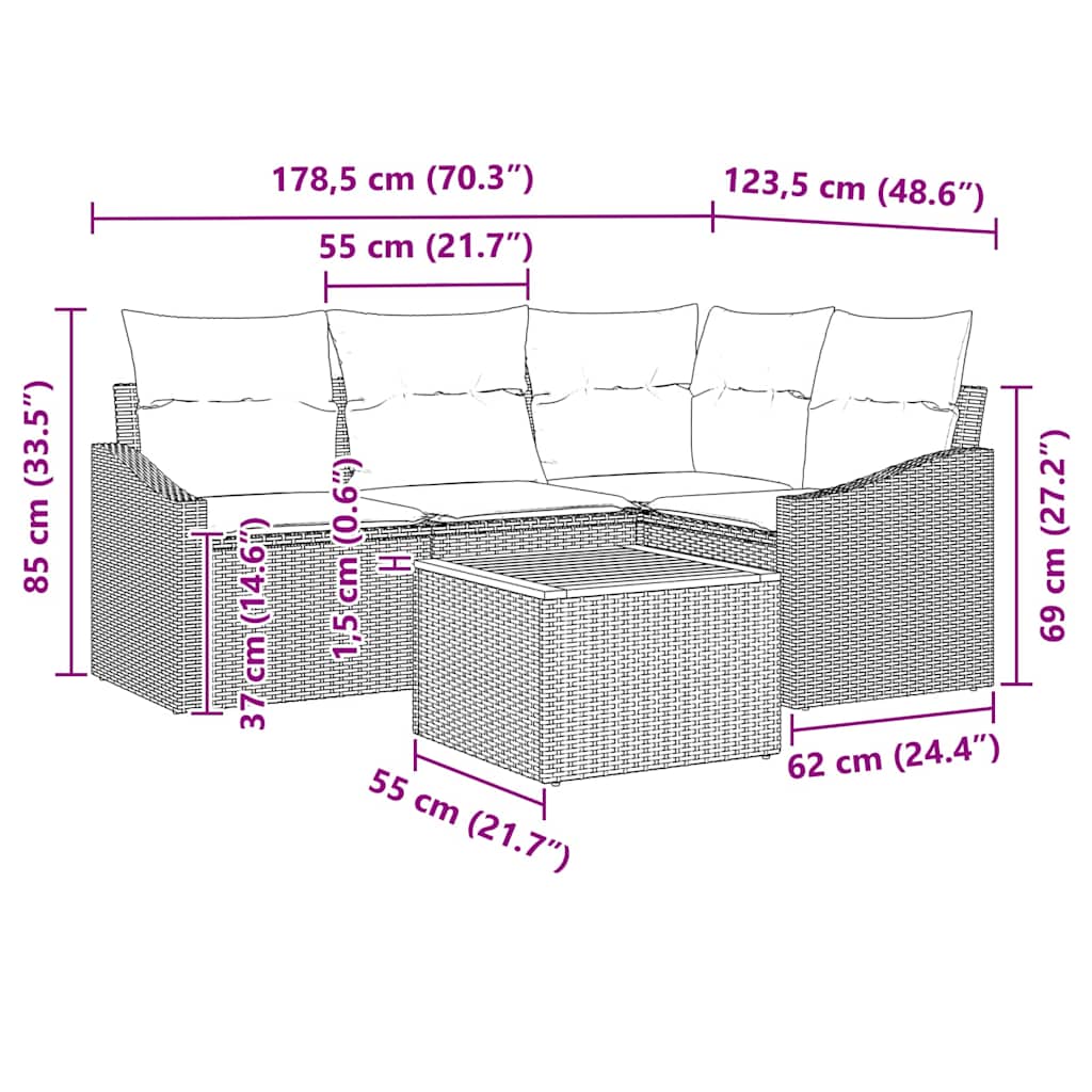 Garten-Sofa-Set mit Kissen 5 pcs Grau Poly Rattan