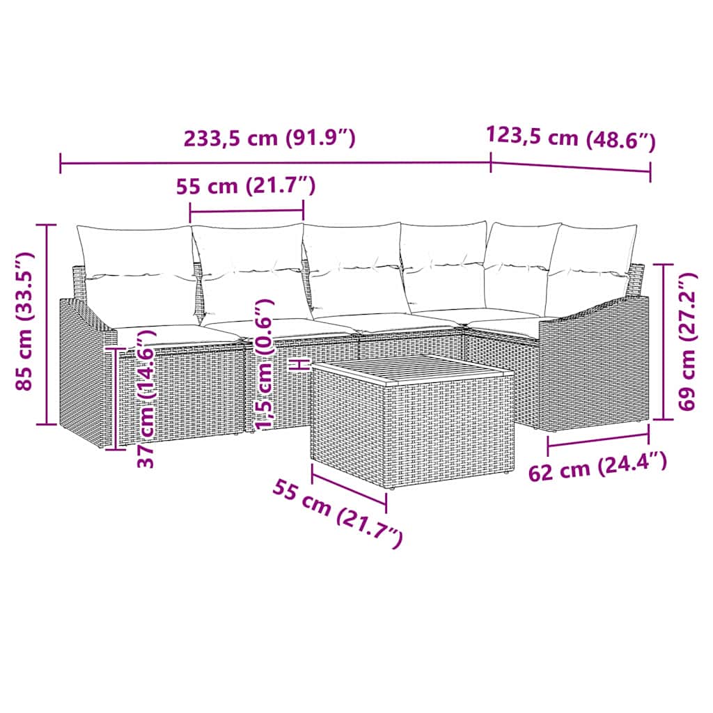 Garten-Sofa-Set mit Kissen 6 pcs Grau Poly Rattan