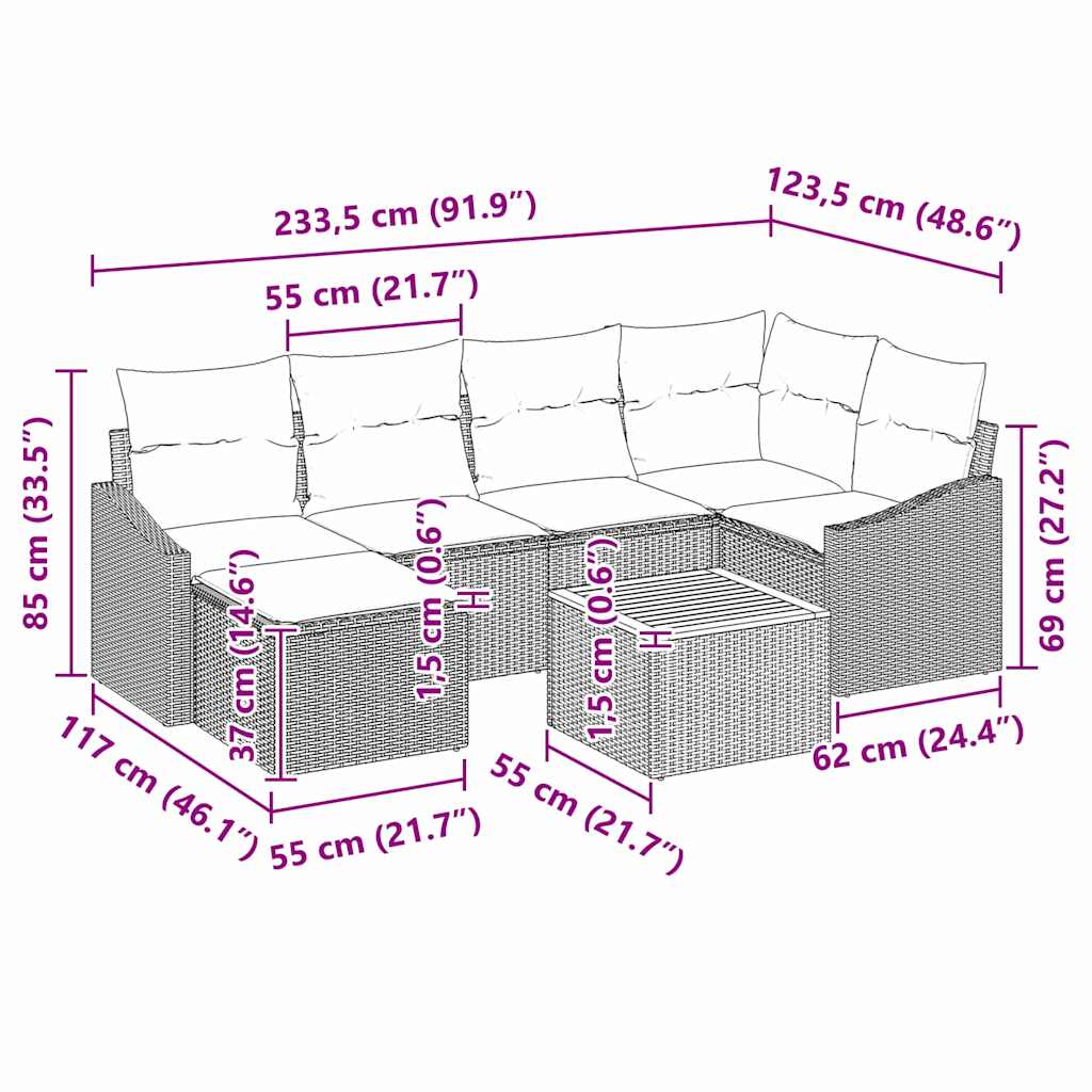 Garten-Sofa-Set mit Kissen 7 pcs Grau Poly Rattan
