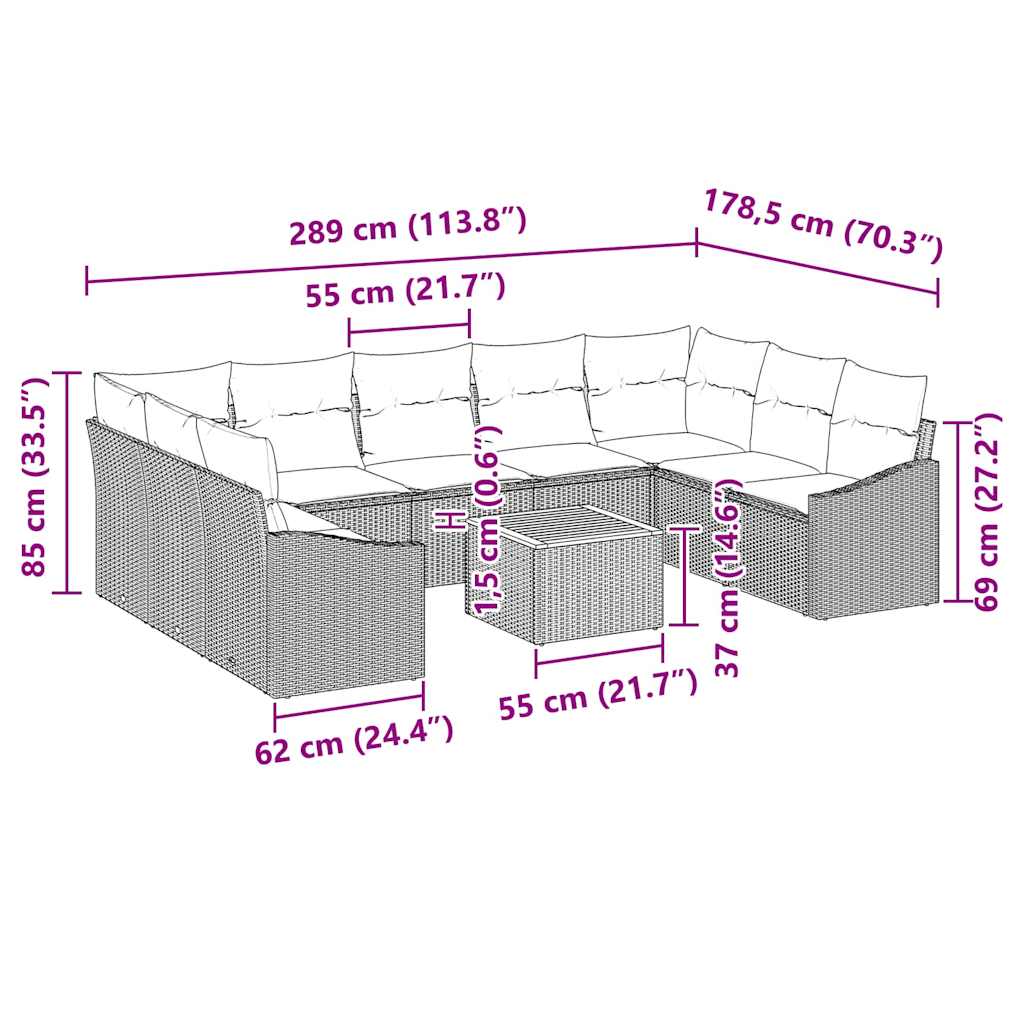 Garten-Sofa-Set mit Kissen 10 pcs Grau Poly Rattan