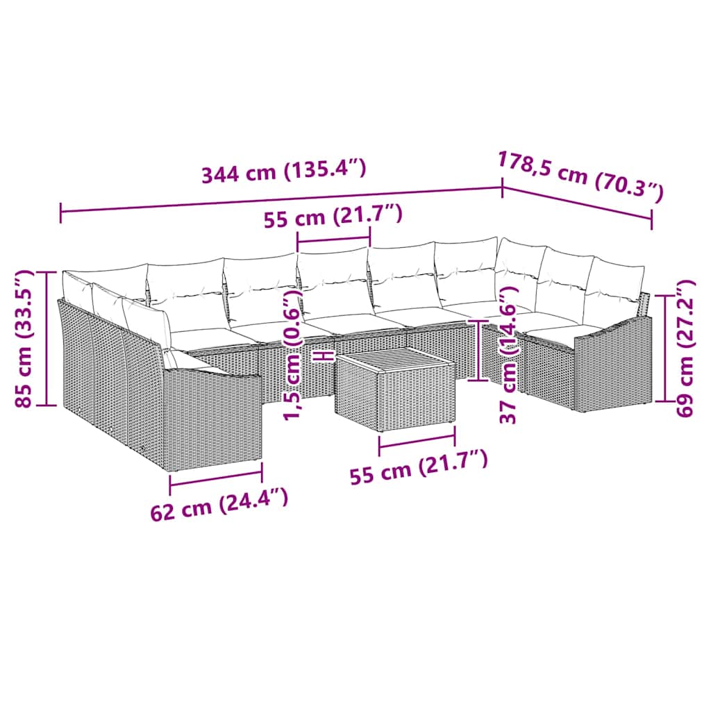 Garten-Sofa-Set mit Kissen 11 pcs Grau Poly Rattan