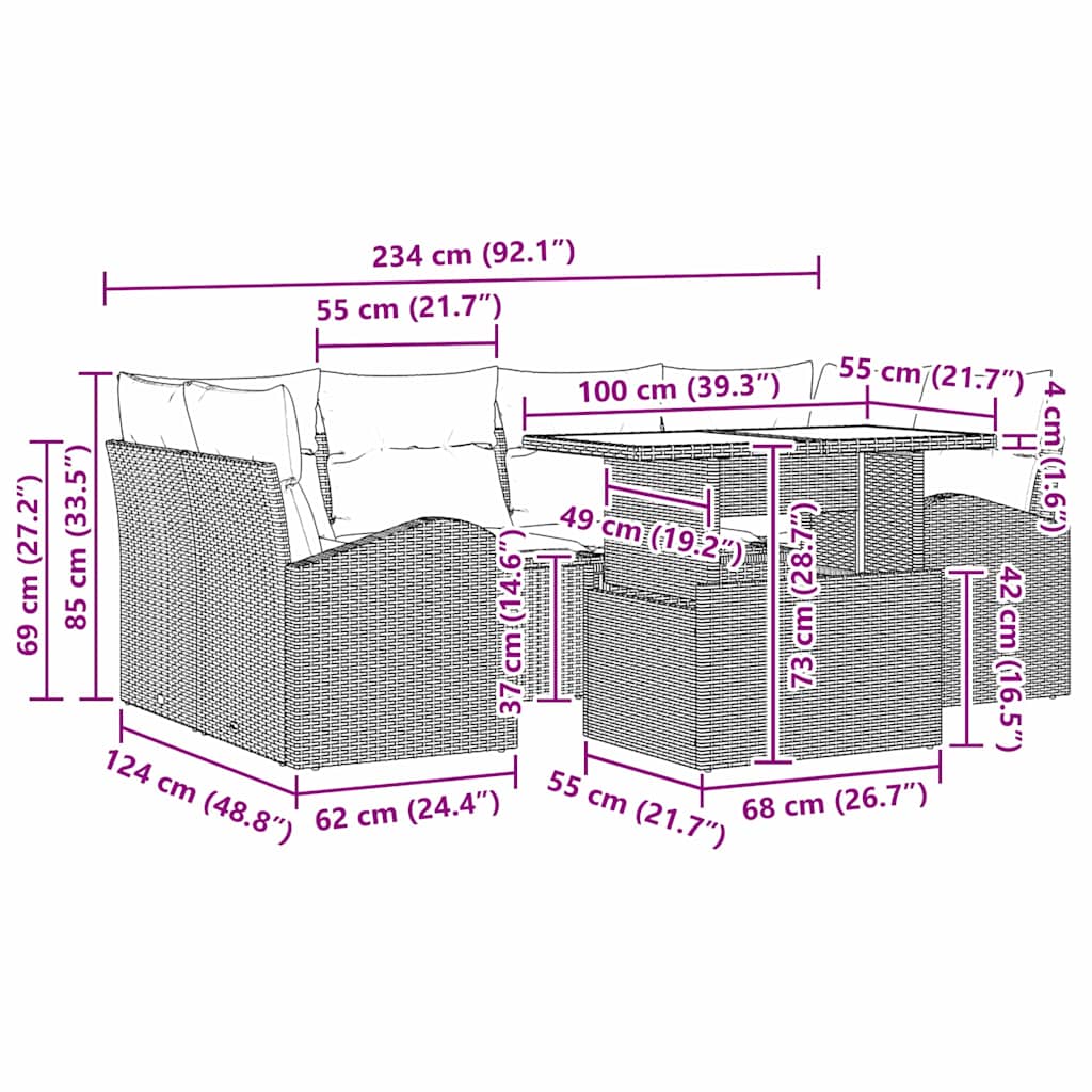 Garten-Sofa-Set mit Kissen 7 pcs Schwarz Poly Rattan