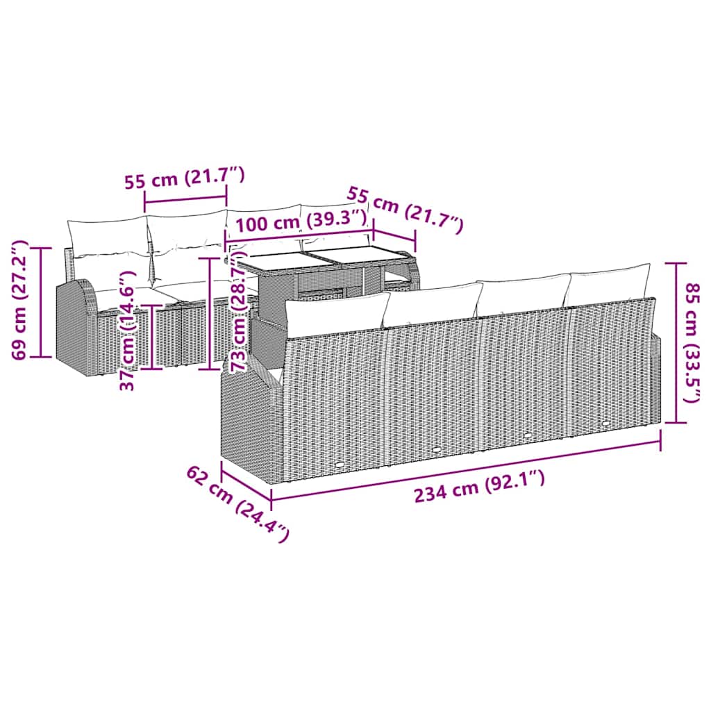 Garten-Sofa-Set mit Kissen 7 pcs Schwarz Poly Rattan