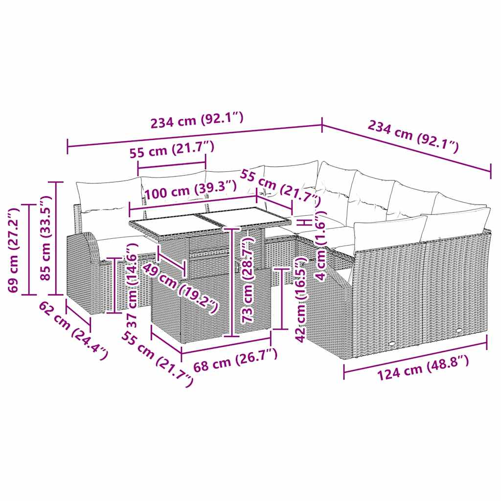 Garten-Sofa-Set mit Kissen 9 pcs Schwarz Poly Rattan