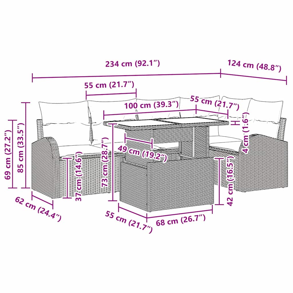 6-piece garden sofa set with cushions black poly rattan