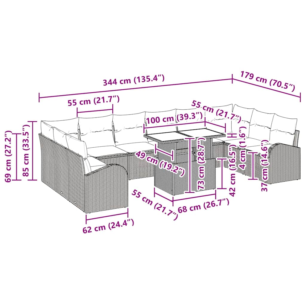 Garten-Sofa-Set mit Kissen 11 pcs Schwarz 100 x 55 x 73 cm