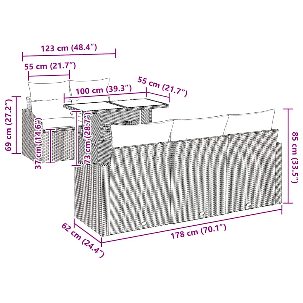 Garten-Sofa-Set mit Kissen 6 pcs Grau 100 x 55 x 73 cm