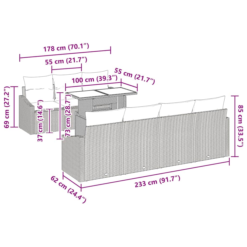 Garten-Sofa-Set mit Kissen 8 pcs Grau 100 x 55 x 73 cm