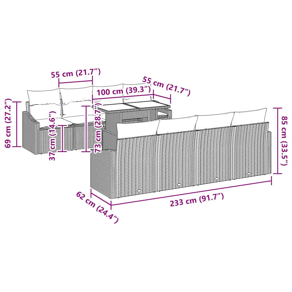 Garten-Sofa-Set mit Kissen 7 pcs Grau 100 x 55 x 73 cm