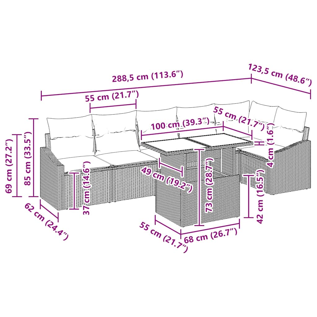 Garten-Sofa-Set mit Kissen 7 pcs Grau 100 x 55 x 73 cm