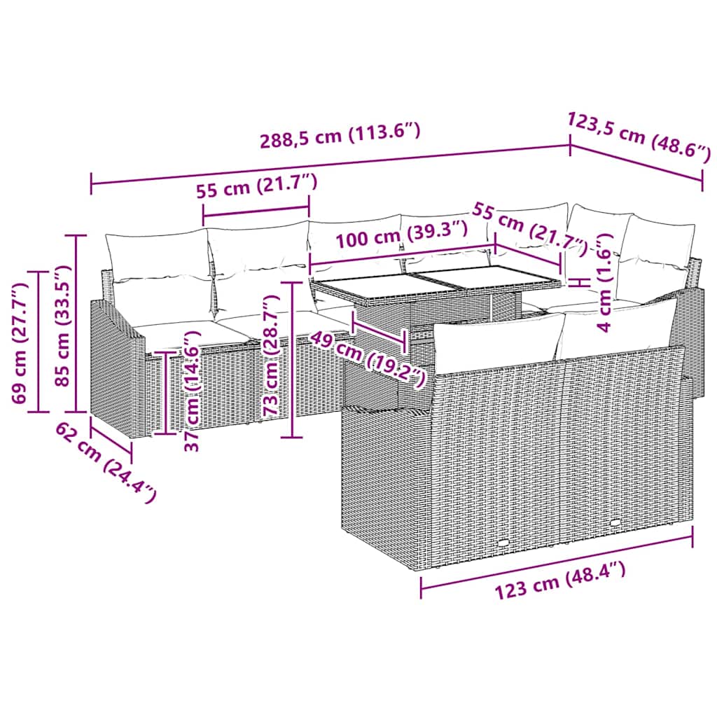 Garten-Sofa-Set mit Kissen 9 pcs Grau 100 x 55 x 73 cm