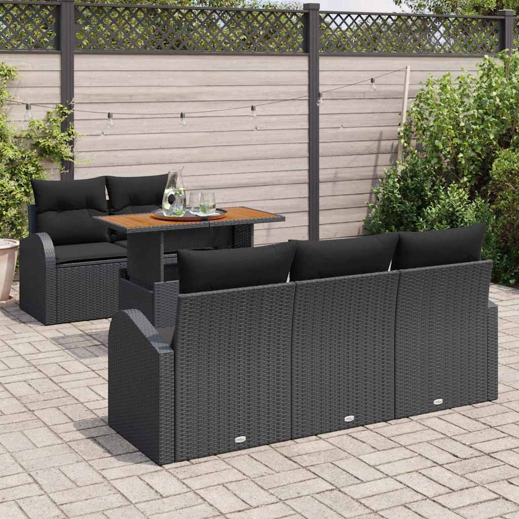 6-piece garden dining set with cushions black poly rattan acacia