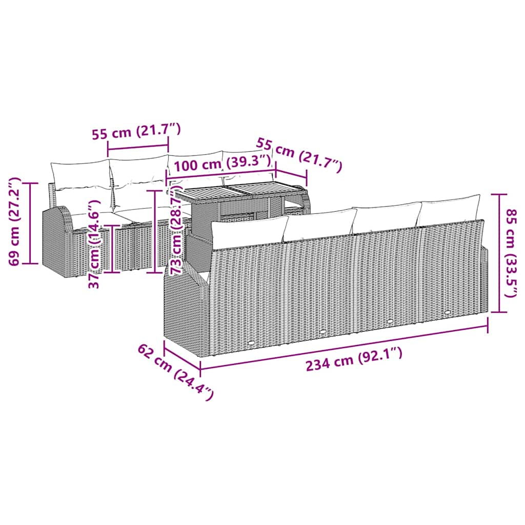 Garten-Sofa-Set mit Kissen 7 pcs Schwarz 100 x 55 x 73 cm