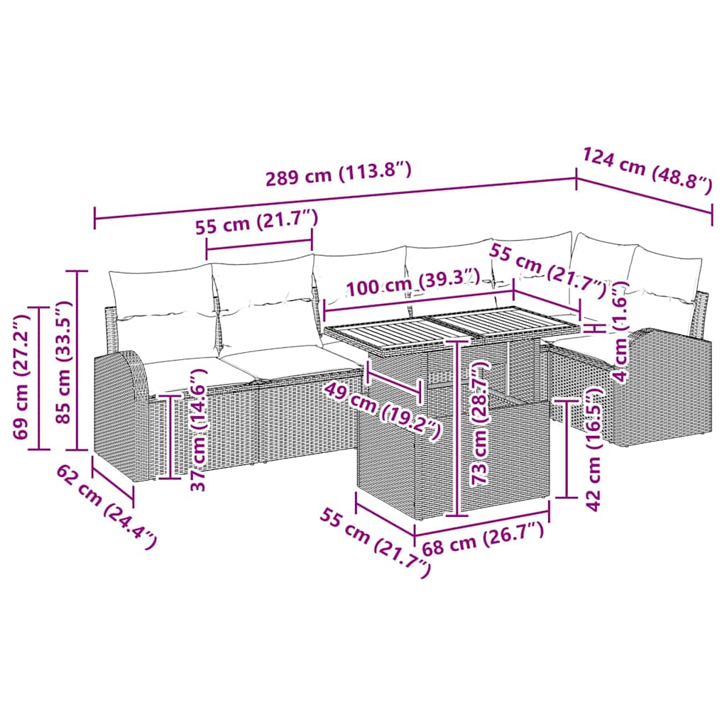 Garten-Sofa-Set mit Kissen 7 pcs Schwarz 100 x 55 x 73 cm