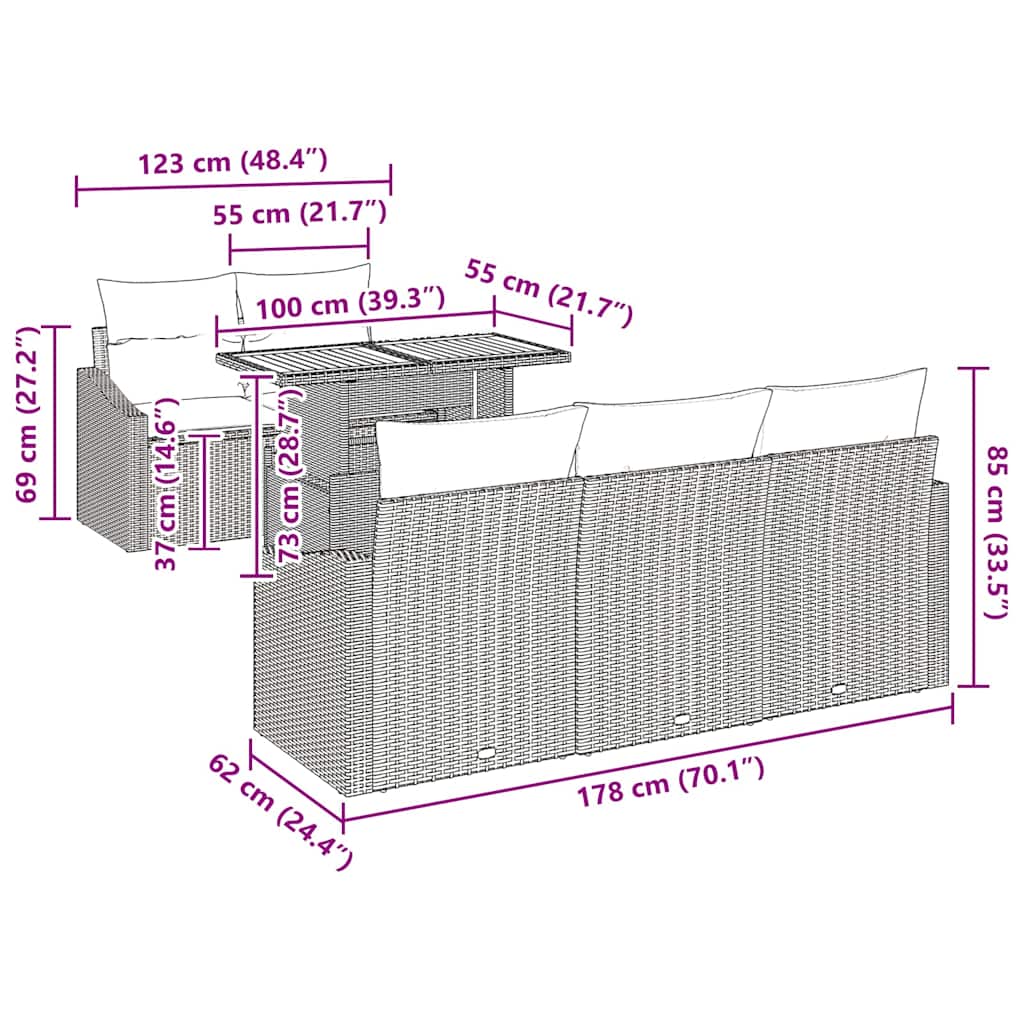 Garten Essgruppe mit Kissen Grau, Braun 100 x 55 x 73 cm
