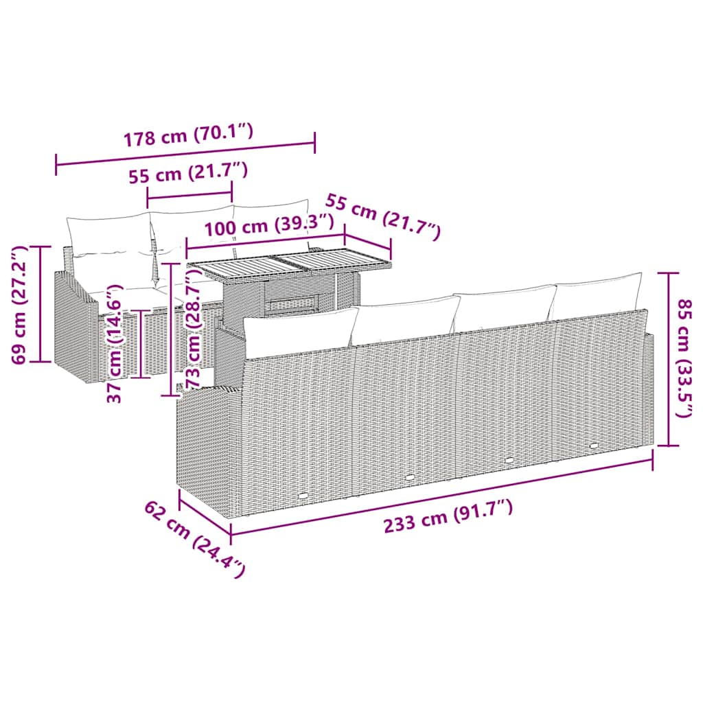 Garten Essgruppe mit Kissen Grau, Braun 100 x 55 x 73 cm