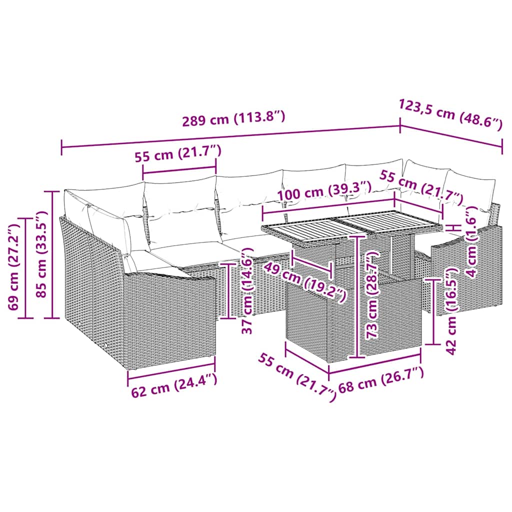 Garten Essgruppe mit Kissen Grau, Braun 100 x 55 x 73 cm