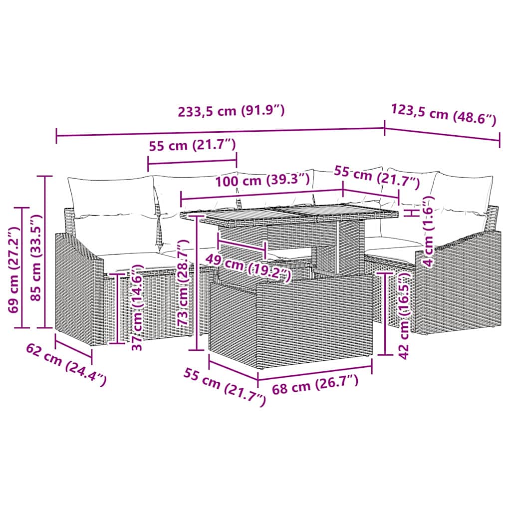 Garten Essgruppe mit Kissen Grau, Braun 100 x 55 x 73 cm