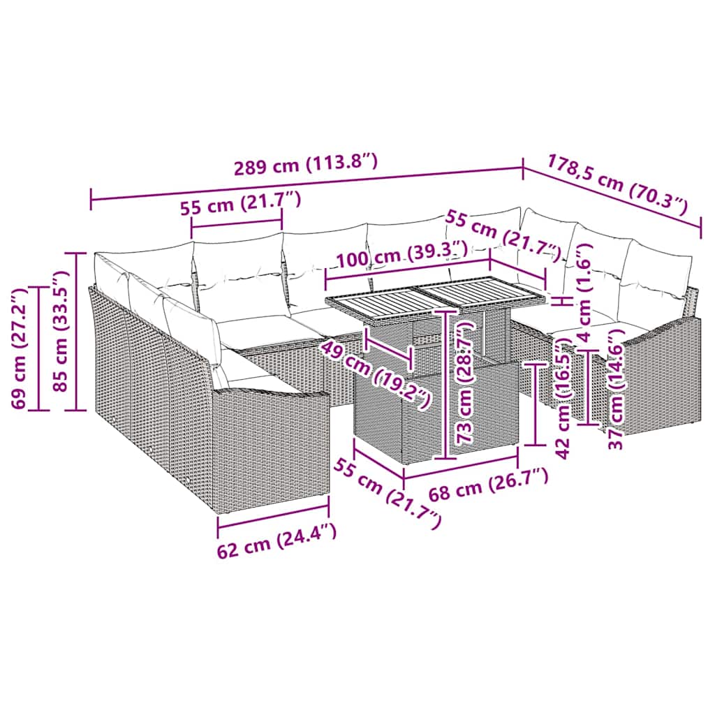 Garten Essgruppe mit Kissen 10 pcs Grau, Braun 100 x 55 x 73 cm