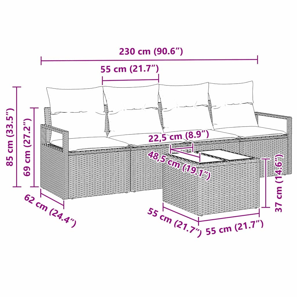 Garten-Sofa-Set mit Kissen 5 pcs Grau 55 x 55 x 37 cm
