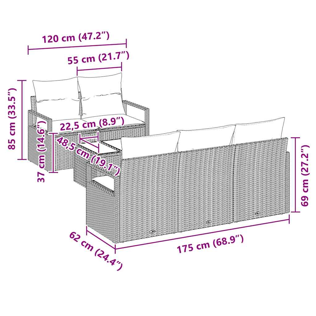 Garten-Sofa-Set mit Kissen 6 pcs Grau 55 x 55 x 37 cm