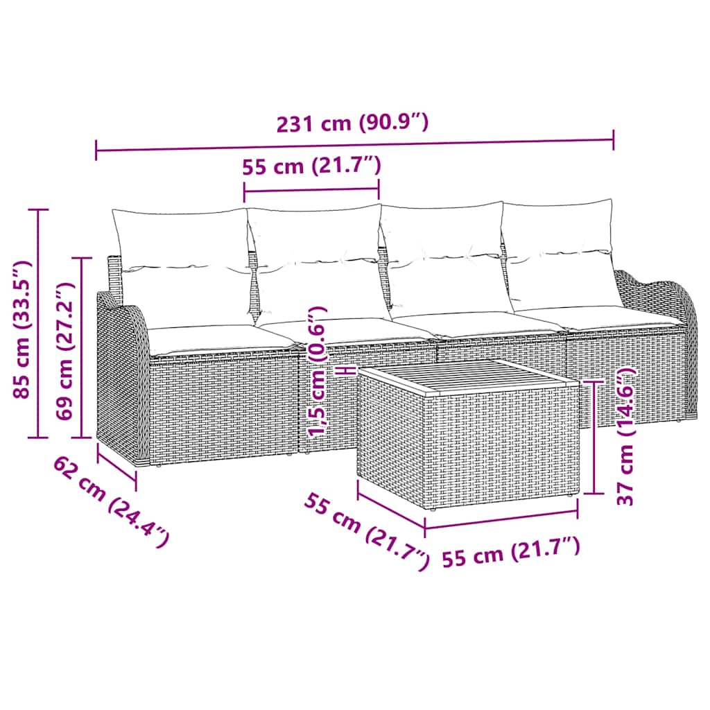 Garten-Sofa-Set mit Kissen 5 pcs Beige, Creme 55 x 55 x 37 cm