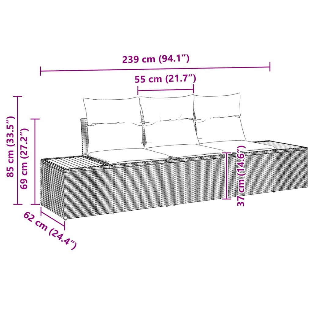 Garten-Sofa-Set 3 pcs Schwarz und Creme 239 x 62 x 85 cm