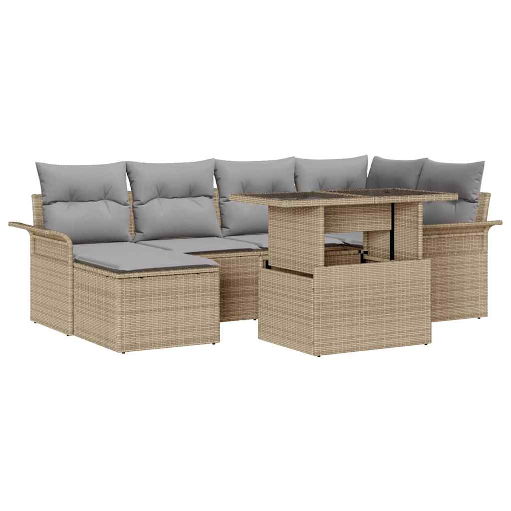 Garten-Sofa-Set mit Kissen mit Speicher 7 pcs Beige Poly Rattan