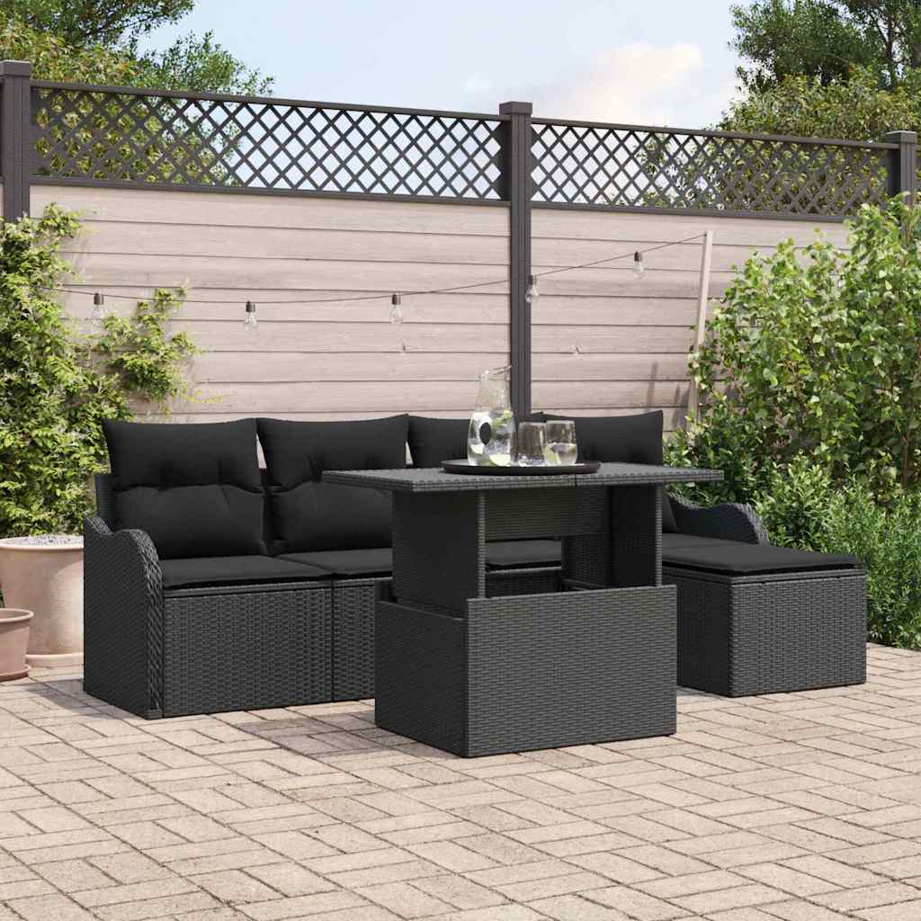 Garten-Sofa-Set mit Kissen 6 pcs Schwarz Poly Rattan