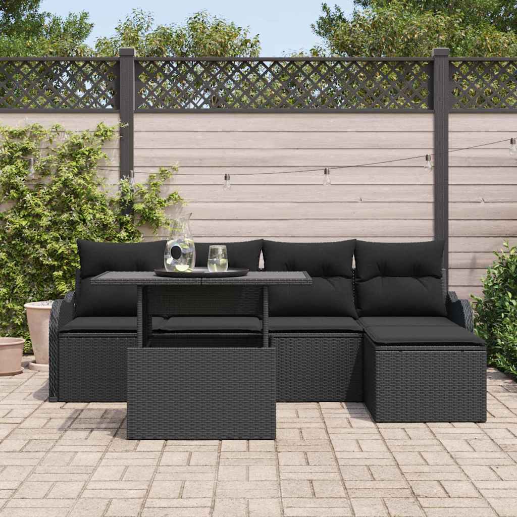 Garten-Sofa-Set mit Kissen 6 pcs Schwarz Poly Rattan