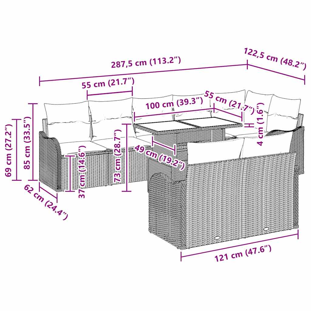 Garten-Sofa-Set 9 pcs Hellgrau 100 x 55 x 73 cm Poly Rattan