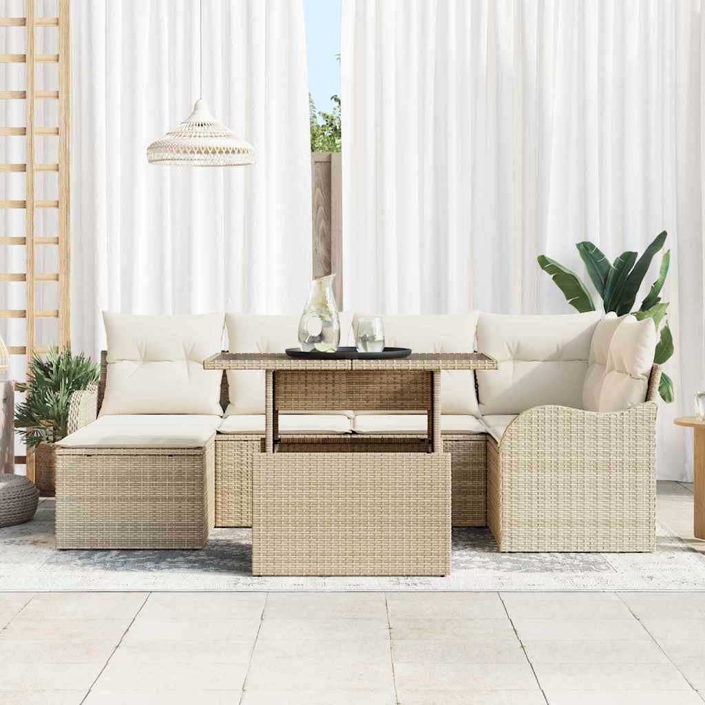 Garten-Sofa-Set mit Kissen mit Speicher 7 pcs Beige Poly Rattan