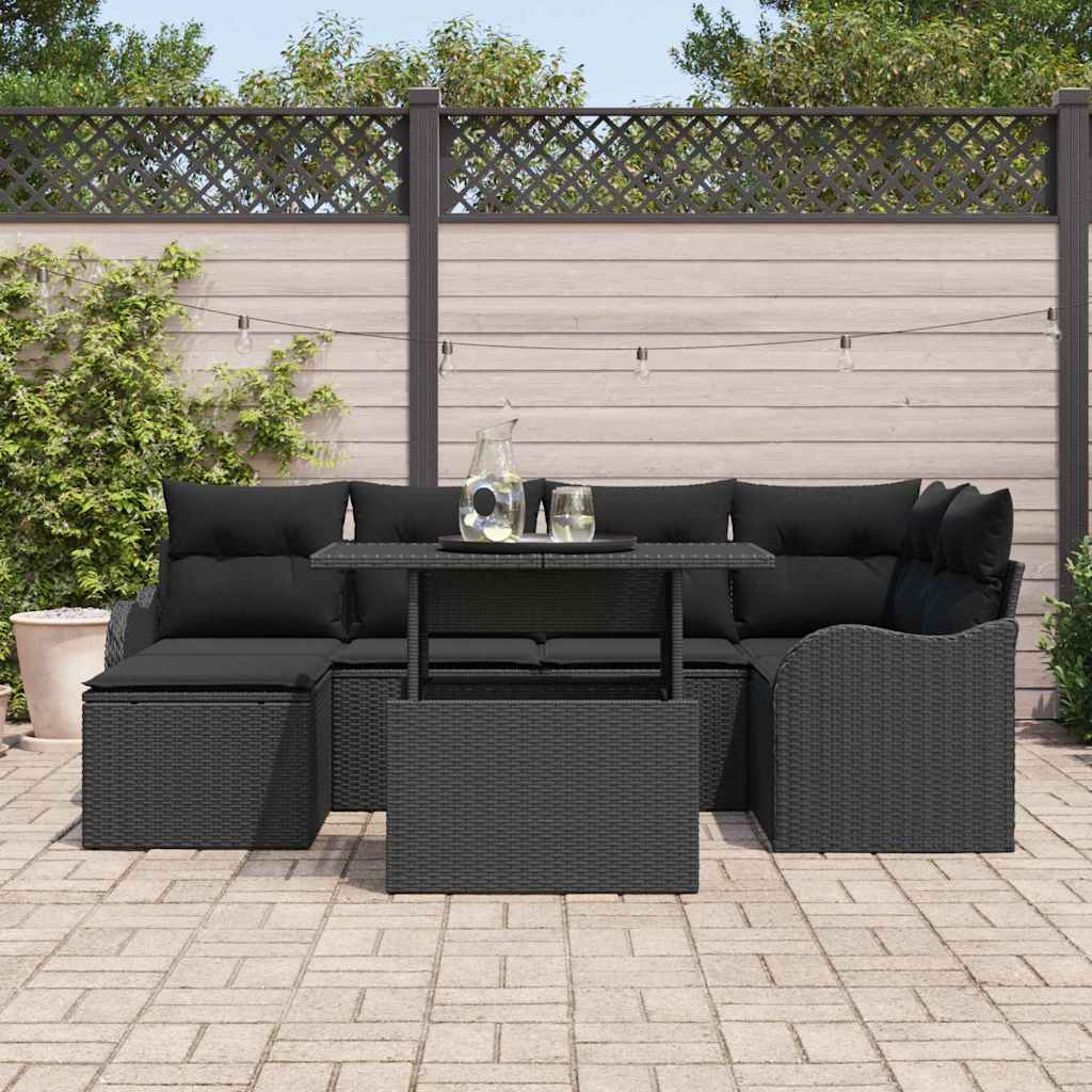 Garten-Sofa-Set mit Kissen 7 pcs Schwarz Poly Rattan