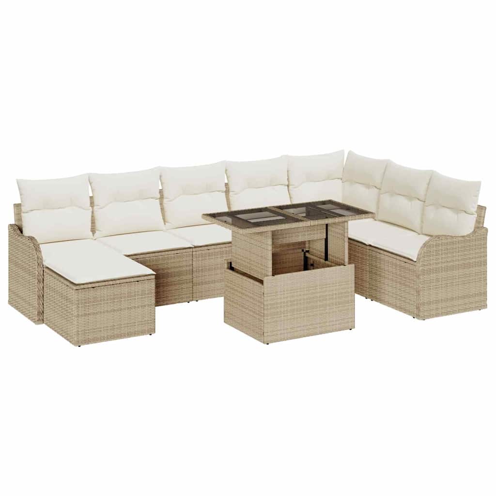 Garten-Sofa-Set mit Kissen mit Speicher 9 pcs Beige Poly Rattan