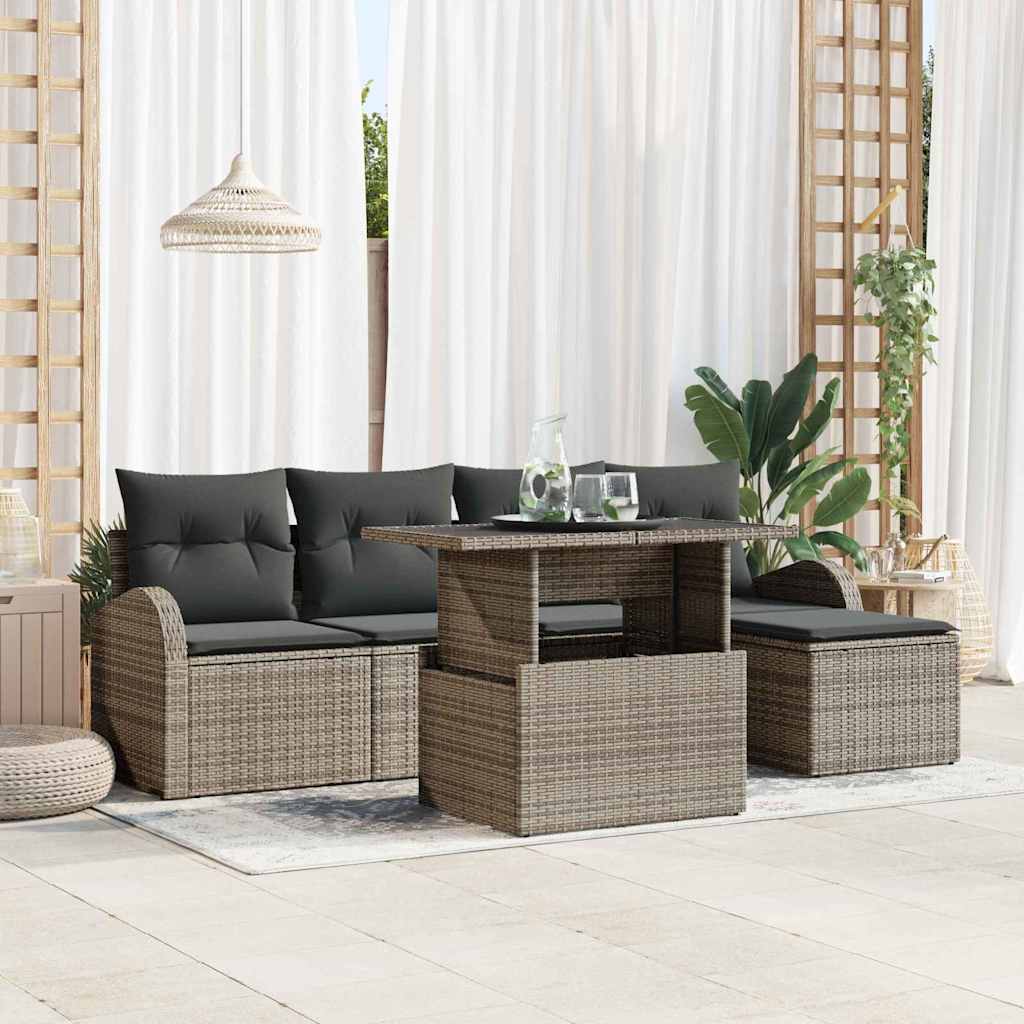 Garten-Sofa-Set mit Kissen mit Speicher 6 pcs Grau Poly Rattan