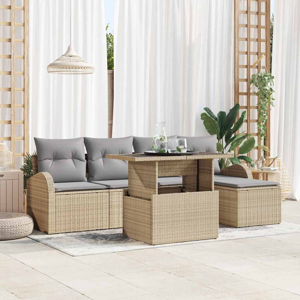 Garten-Sofa-Set mit Kissen mit Speicher 6 pcs Beige Poly Rattan