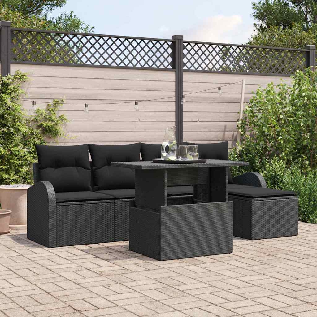 Garten-Sofa-Set mit Kissen 6 pcs Schwarz Poly Rattan