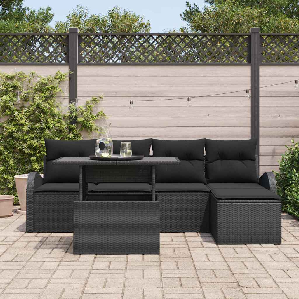 Garten-Sofa-Set mit Kissen 6 pcs Schwarz Poly Rattan