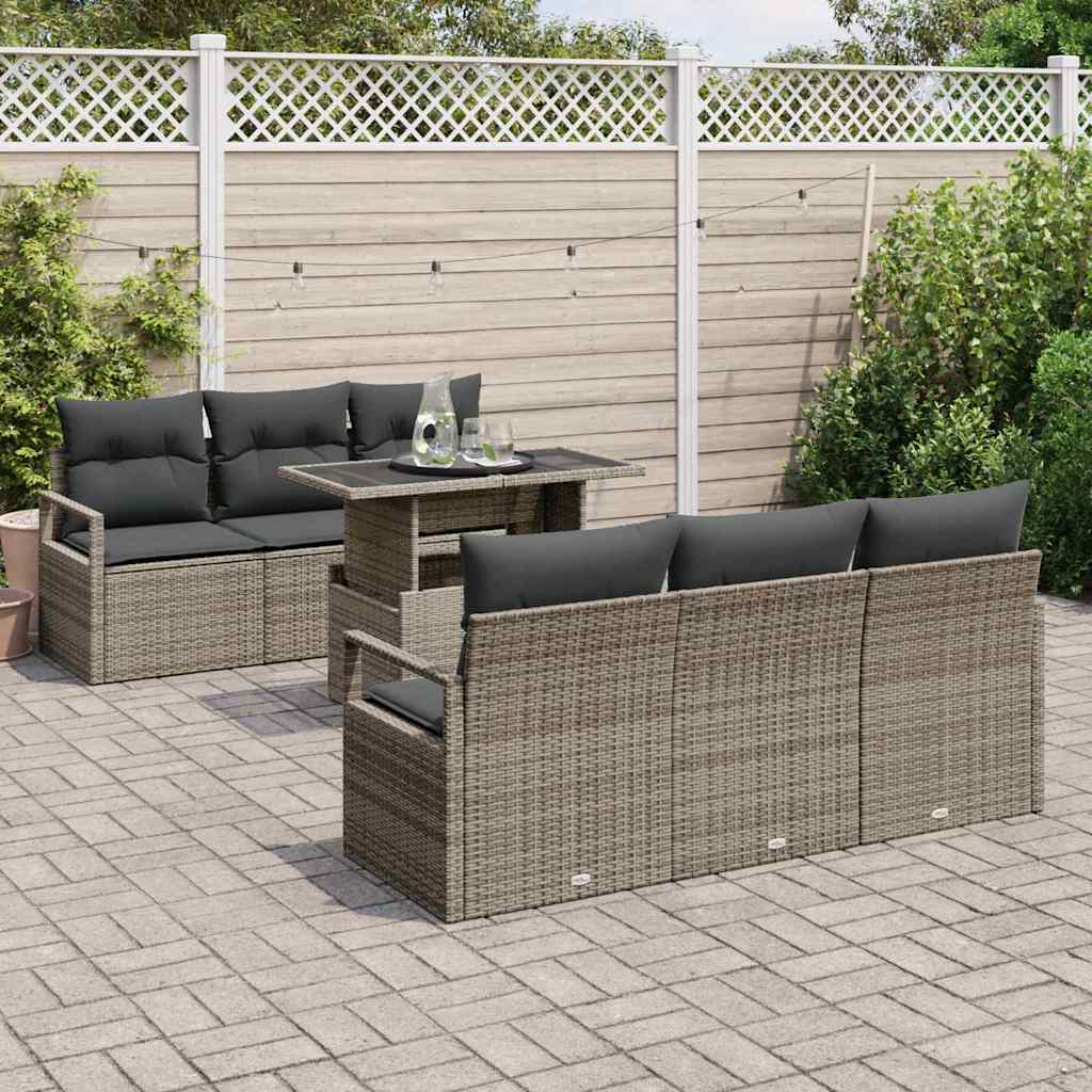 Garten-Sofa-Set mit Speicher 7 pcs Grau Poly Rattan