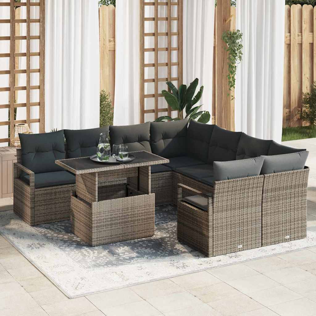 Garten-Sofa-Set mit Speicher 9 pcs Grau Poly Rattan