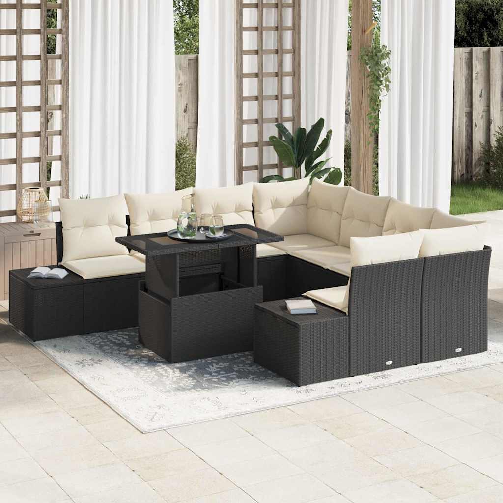 Garten-Sofa-Set 9 pcs Schwarz, Creme 100 x 55 x 73 cm