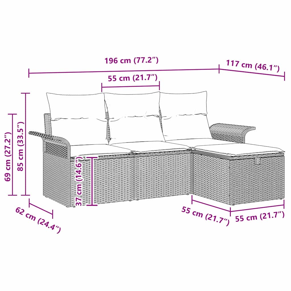 Garten-Sofa-Set 4 pcs Grau 196 x 117 x 85 cm Poly Rattan